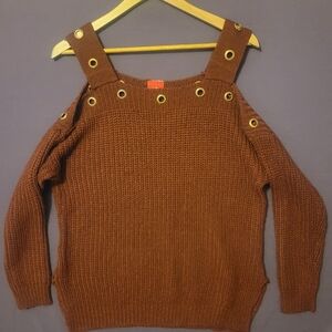 Daytrip Off-the-Shoulder Brown Sweater with Gold Grommet Accents. Size M